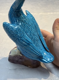 A pair of Chinese turquoise-glazed ducks and a pair of verte biscuit quail-form covered boxes, 20th C.