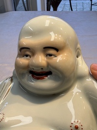 A Chinese famille rose Milefo Buddha and a white-glazed gilt-decorated Milefo Buddha, Wei Hongtai 魏洪泰 and Zhu Yishun 朱義順 mark, Republic