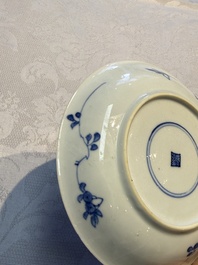 Nine Chinese blue and white cups and 12 saucers, Kangxi