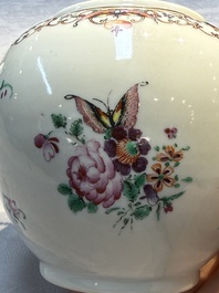 A Chinese famille rose 'Xi Xiang Ji' plate, a 'Rooster' saucer, and a 'Lowestoft' covered teapot, Yongzheng/Qianlong