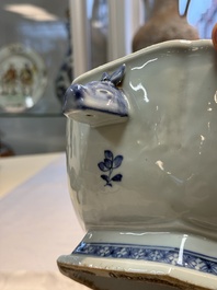 A Chinese blue and white dish, tureen and stand with floral design, Qianlong