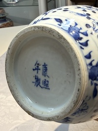 Three Chinese blue and white vases, one covered, Kangxi mark, 19th C. and later