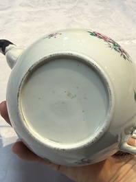 A Chinese famille rose 'Xi Xiang Ji' plate, a 'Rooster' saucer, and a 'Lowestoft' covered teapot, Yongzheng/Qianlong