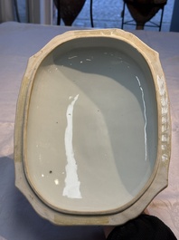 A Chinese blue and white dish, tureen and stand with floral design, Qianlong