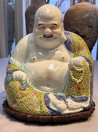 A Chinese famille rose Milefo Buddha and a white-glazed gilt-decorated Milefo Buddha, Wei Hongtai 魏洪泰 and Zhu Yishun 朱義順 mark, Republic