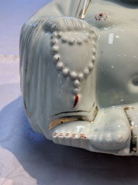 A Chinese famille rose Milefo Buddha and a white-glazed gilt-decorated Milefo Buddha, Wei Hongtai 魏洪泰 and Zhu Yishun 朱義順 mark, Republic