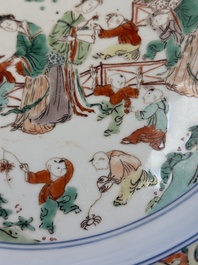A Chinese famille verte 'Elegant Ladies and Playing Boys' dish, Chenghua mark, Kangxi
