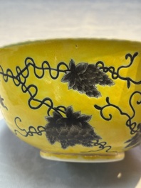 A Chinese grisaille yellow-ground 'Da Ya Zhai 大雅齋' bowl, Yong Qing Chang Chun 永慶長春 mark, 19th C.