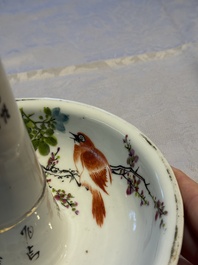 A Chinese famille rose 'Peacock' covered bowl, a candlestick and a stembowl, Guangxu mark and of the period, 19/20th C.