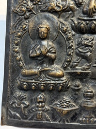 Three Tibetan copper repouss&eacute; plaques with Buddhist subjects, 19th C.