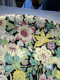 A Chinese famille rose 'Millefleurs' plate, a 'Dragons' plate, and a Nanking famille verte caf&eacute;-au-lait-ground bowl, Qianlong marks, 19/20th C.