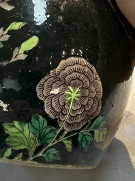 A Chinese verte biscuit black-ground vase and a covered jar, Xuande and Kangxi mark, 19th C.