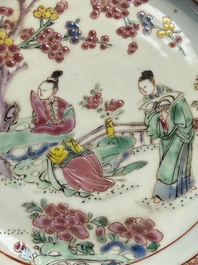 A Chinese famille rose 'Xi Xiang Ji' plate, a 'Rooster' saucer, and a 'Lowestoft' covered teapot, Yongzheng/Qianlong