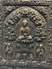 Three Tibetan copper repouss&eacute; plaques with Buddhist subjects, 19th C.