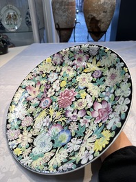 A Chinese famille rose 'Millefleurs' plate, a 'Dragons' plate, and a Nanking famille verte caf&eacute;-au-lait-ground bowl, Qianlong marks, 19/20th C.