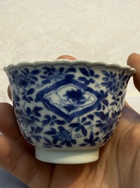Nine Chinese blue and white cups and 12 saucers, Kangxi