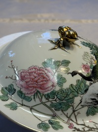 A Chinese famille rose 'Peacock' covered bowl, a candlestick and a stembowl, Guangxu mark and of the period, 19/20th C.