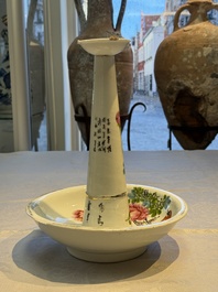 A Chinese famille rose 'Peacock' covered bowl, a candlestick and a stembowl, Guangxu mark and of the period, 19/20th C.
