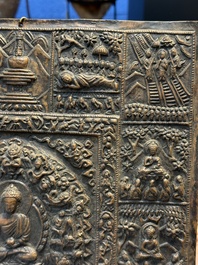 Three Tibetan copper repouss&eacute; plaques with Buddhist subjects, 19th C.