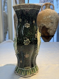 A Chinese verte biscuit black-ground vase and a covered jar, Xuande and Kangxi mark, 19th C.
