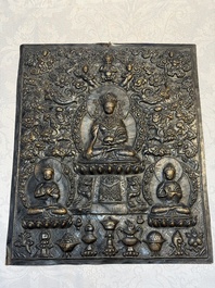Three Tibetan copper repouss&eacute; plaques with Buddhist subjects, 19th C.