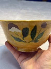 A rare pair of Chinese sancai yellow-ground 'Brinjal' bowls, Tianqi mark, 19th C.