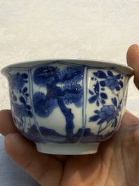 Nine Chinese blue and white cups and 12 saucers, Kangxi