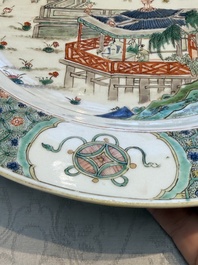 A Chinese famille verte 'Pavilions and Lotus Pond' dish, swastika mark, Kangxi