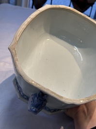 A Chinese blue and white dish, tureen and stand with floral design, Qianlong