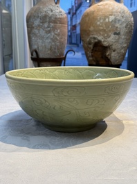 A large Chinese Longquan celadon 'Floral' bowl, Ming