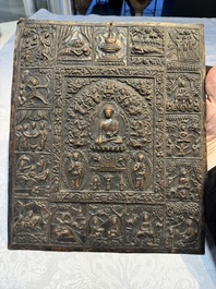 Three Tibetan copper repouss&eacute; plaques with Buddhist subjects, 19th C.