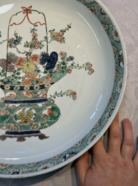 A Chinese famille verte 'Flower Basket' dish, lozenge mark, Kangxi