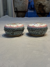 A pair of rare Chinese Canton enamel scent boxes, covers and inner liners, Qianlong