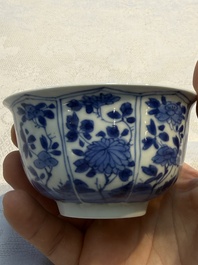 Nine Chinese blue and white cups and 12 saucers, Kangxi