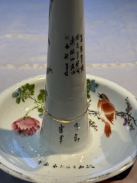 A Chinese famille rose 'Peacock' covered bowl, a candlestick and a stembowl, Guangxu mark and of the period, 19/20th C.