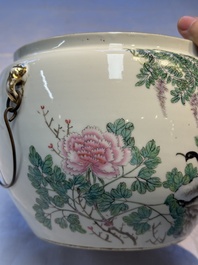 A Chinese famille rose 'Peacock' covered bowl, a candlestick and a stembowl, Guangxu mark and of the period, 19/20th C.