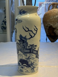 A rare Chinese blue and white 'Qilin' sleeve vase, 19th C.