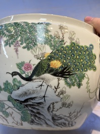 A Chinese famille rose 'Peacock' covered bowl, a candlestick and a stembowl, Guangxu mark and of the period, 19/20th C.