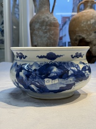 A Chinese blue and white censer depicting two sages in a mountainous landscape, Kangxi