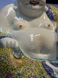 A Chinese famille rose Milefo Buddha and a white-glazed gilt-decorated Milefo Buddha, Wei Hongtai 魏洪泰 and Zhu Yishun 朱義順 mark, Republic