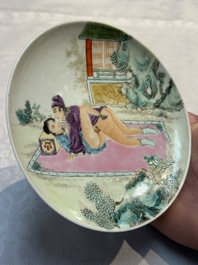 A pair of Chinese famille rose 'Erotic' plates, Chun Yi Tang Zhi 春怡堂制 mark, 20th C.