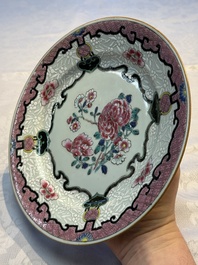 Four Chinese famille rose plates and a dish with floral design, Yongzheng/Qianlong