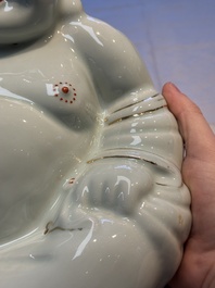 A Chinese famille rose Milefo Buddha and a white-glazed gilt-decorated Milefo Buddha, Wei Hongtai 魏洪泰 and Zhu Yishun 朱義順 mark, Republic