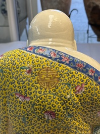 A Chinese famille rose Milefo Buddha and a white-glazed gilt-decorated Milefo Buddha, Wei Hongtai 魏洪泰 and Zhu Yishun 朱義順 mark, Republic