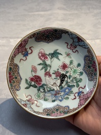 A Chinese famille rose 'Xi Xiang Ji' plate, a 'Rooster' saucer, and a 'Lowestoft' covered teapot, Yongzheng/Qianlong