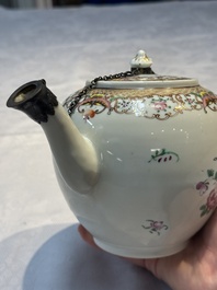 A Chinese famille rose 'Xi Xiang Ji' plate, a 'Rooster' saucer, and a 'Lowestoft' covered teapot, Yongzheng/Qianlong