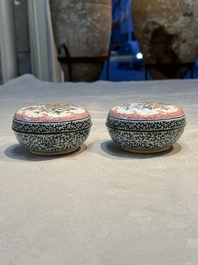 A pair of rare Chinese Canton enamel scent boxes, covers and inner liners, Qianlong
