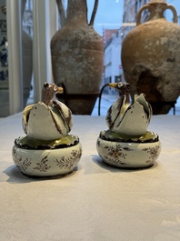 A pair of rare polychrome Dutch Delft duck-form tureens and covers, 18th C.