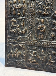 Three Tibetan copper repouss&eacute; plaques with Buddhist subjects, 19th C.