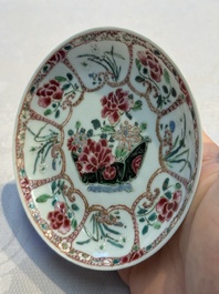 Eight sets of Chinese famille rose cups and eight saucers, Yongzheng/Qianlong